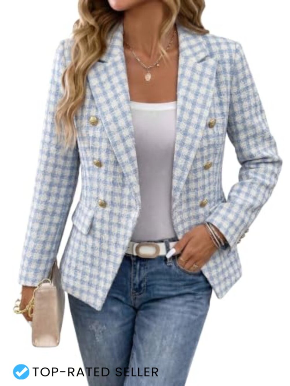 Tweed Plaid Blazer Double Breasted Gold Button Business Casual